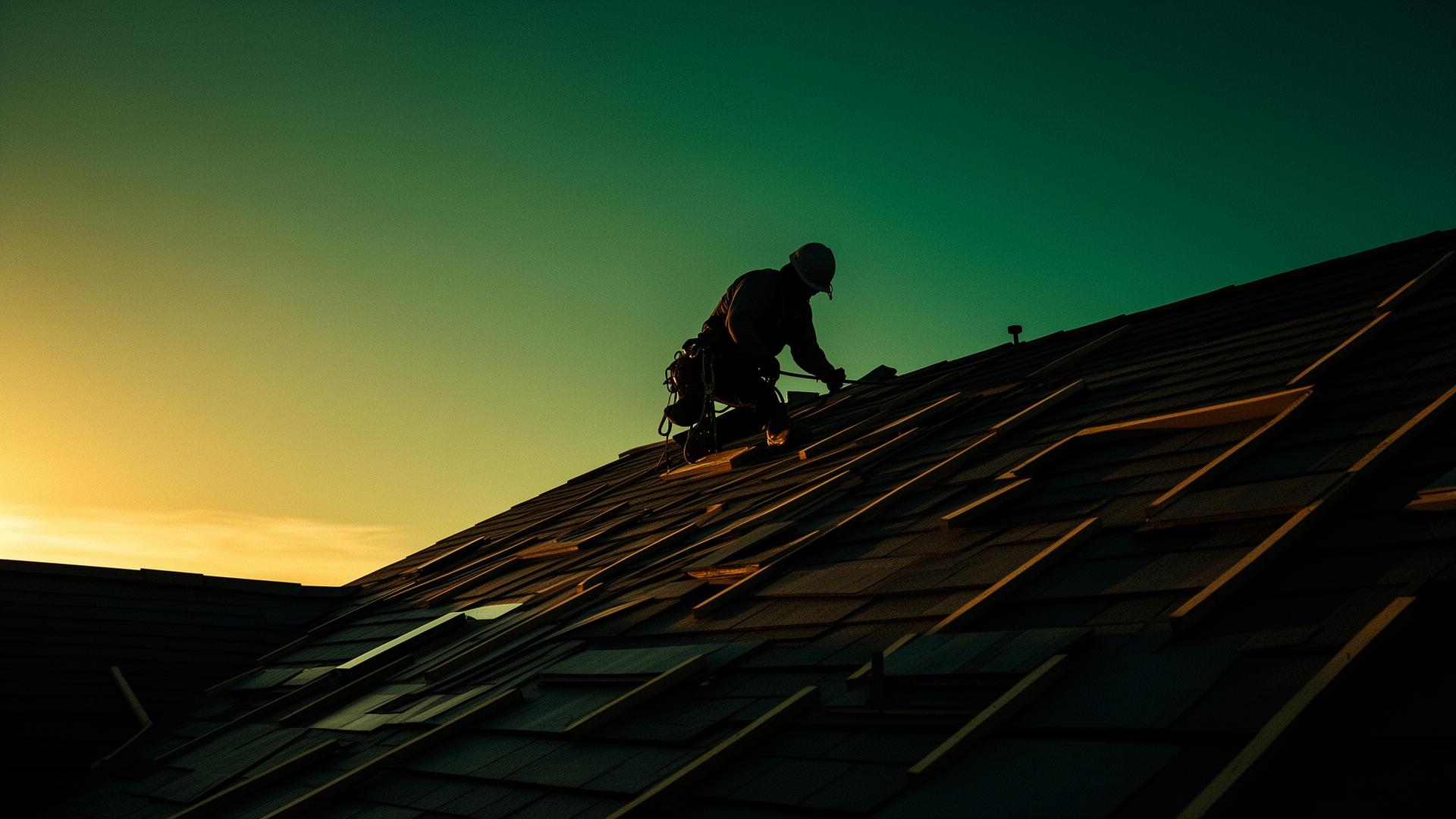 Roofing contractor working at golden hour